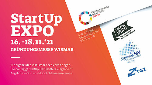 Es ist die Faltblattvorderseite zur StartUp-Expo vom 16. bis 18.11.2021 zu sehen.