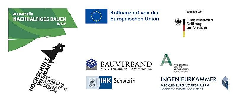 Das Bild zeigt eine Sammlung von Logos verschiedener Organisationen und Institutionen, die in der "Allianz für nachhaltiges Bauen in Mecklenburg-Vorpommern (MV)" involviert sind.  Obere Reihe:  Links: Das Logo der "Allianz für Nachhaltiges Bauen in MV" in Grün- und Blautönen. Mitte: Das Logo der Europäischen Union mit dem Hinweis "Kofinanziert von der Europäischen Union". Rechts: Das Logo des Bundesministeriums für Bildung und Forschung. Untere Reihe:  Links: Das Logo der Hochschule Wismar, in Schwarz-Weiß mit dem Schriftzug "University of Applied Sciences: Technology, Business and Design". Mitte: Die Logos des Bauverbandes Mecklenburg-Vorpommern e.V., der Industrie- und Handelskammer (IHK) Schwerin, der Architektenkammer Mecklenburg-Vorpommern, der Ingenieurkammer Mecklenburg-Vorpommern und ein weiteres, nicht eindeutig zuzuordnendes Logo. Diese Logos repräsentieren die wichtigsten Partner und Förderer des Projekts "Allianz für nachhaltiges Bauen MV".